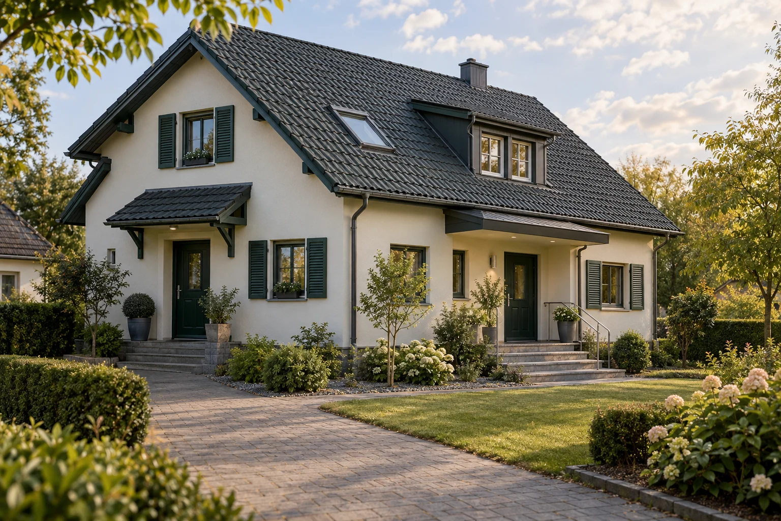Gepflegtes Wohnhaus mit zwei separaten Eingängen und bepflanztem Vorgarten